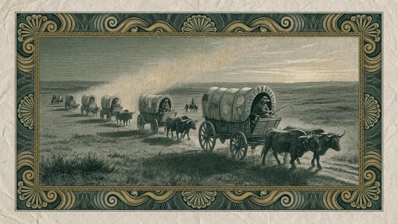 Wagon train crossing the plains at dawn